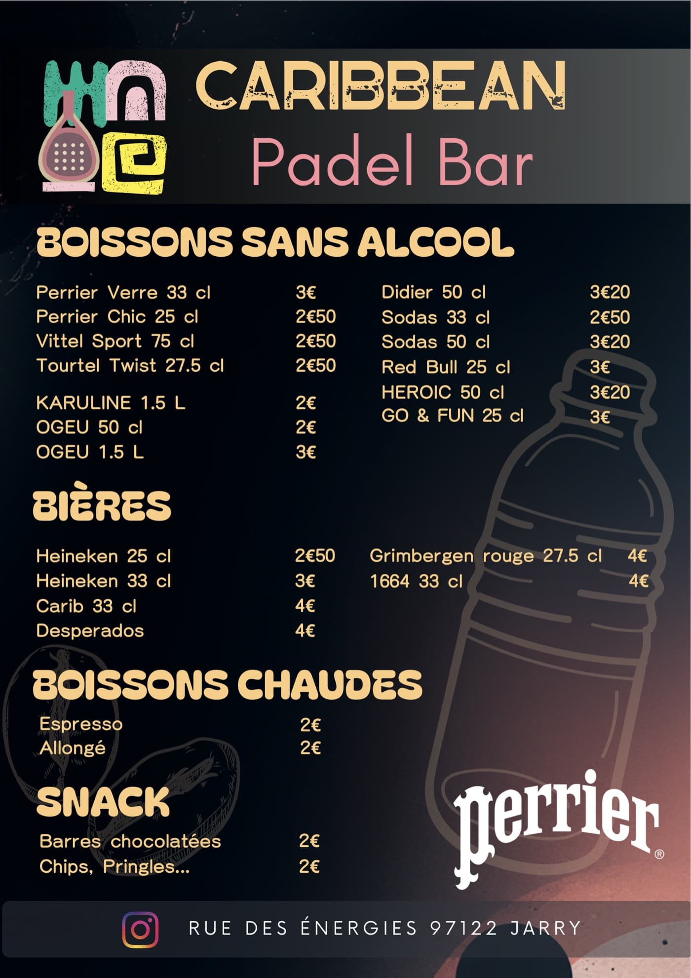 Carte du Caribbean Padel Bar — boissons, bières et snack
